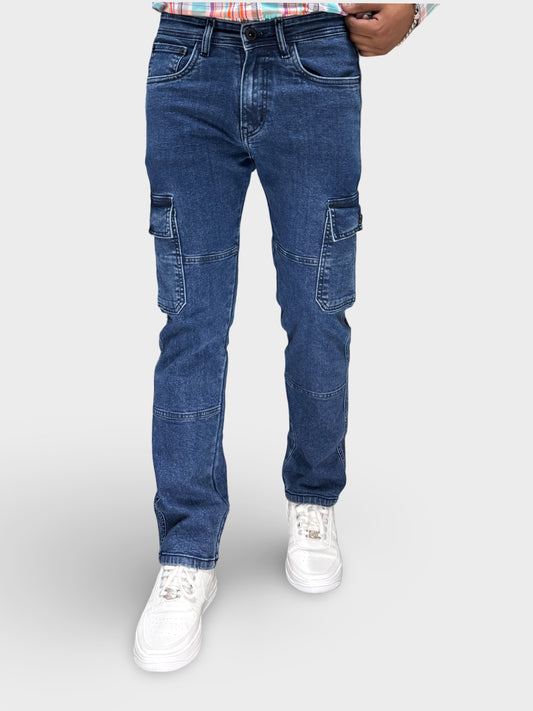 DARK BLUE COMFORT FIT DENIM CARGO PANTS