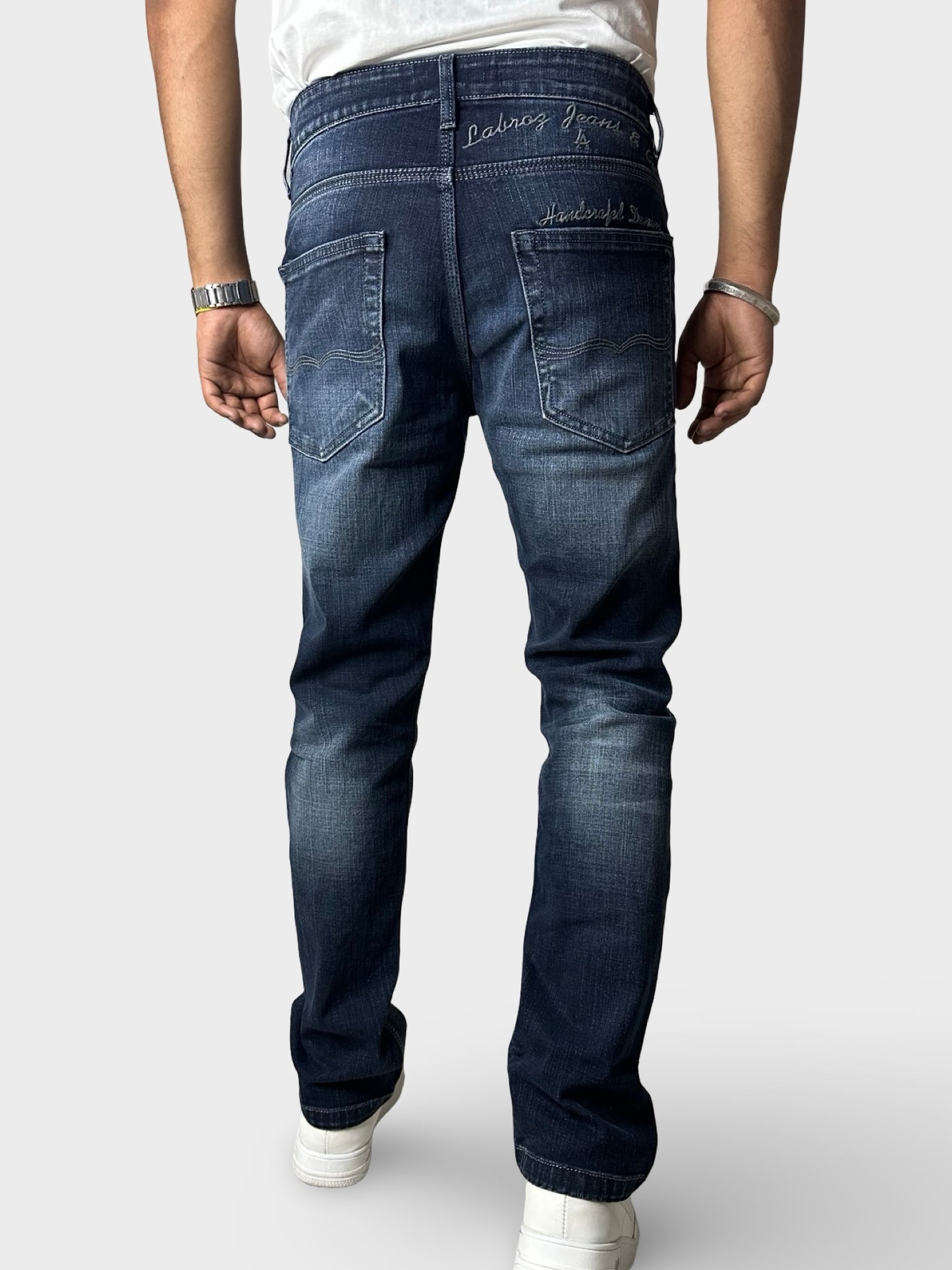 Men's Dark Blue Faded Straight Fit Distressed Jeans