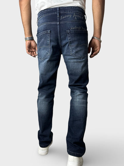 Men's Dark Blue Faded Straight Fit Distressed Jeans