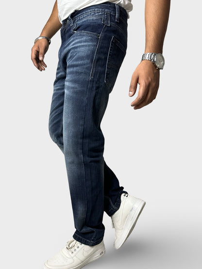 Men's Dark Blue Faded Straight Fit Distressed Jeans