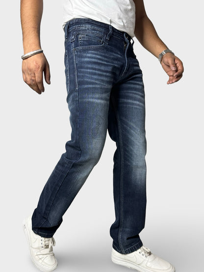 Men's Dark Blue Faded Straight Fit Distressed Jeans