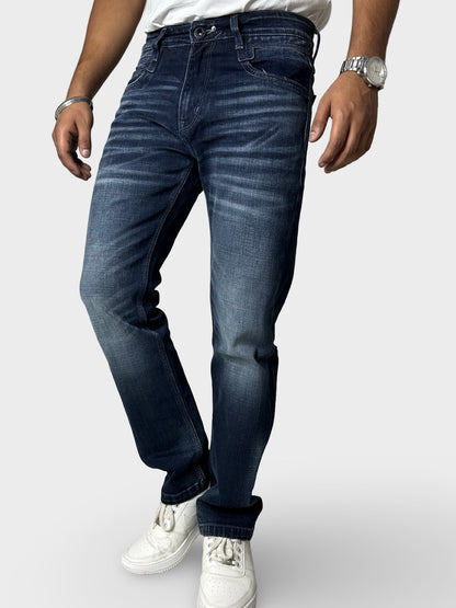 Men's Dark Blue Faded Straight Fit Distressed Jeans