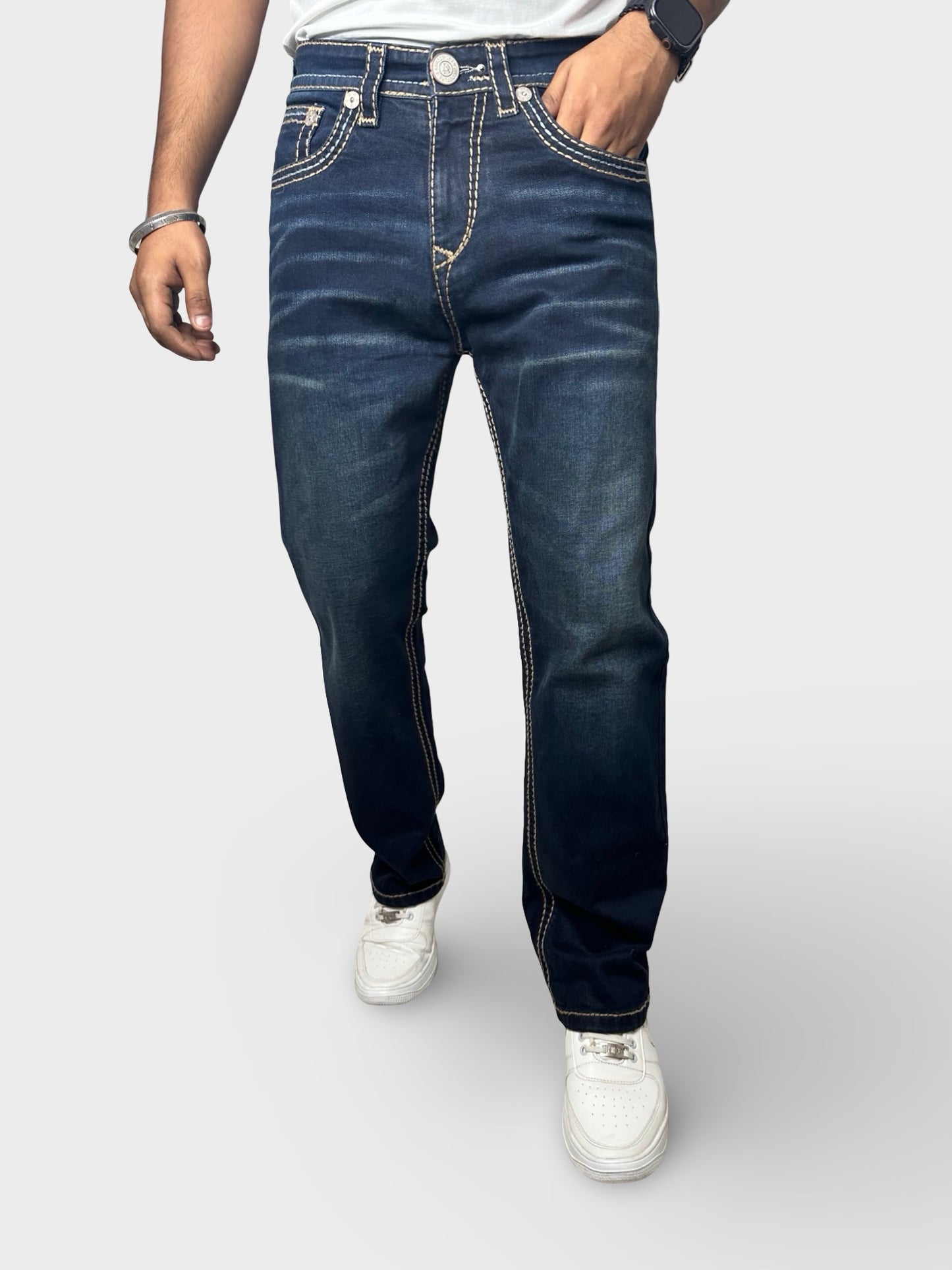 Men’s Comfort Fit Dark Blue Jeans with Premium Thread Work
