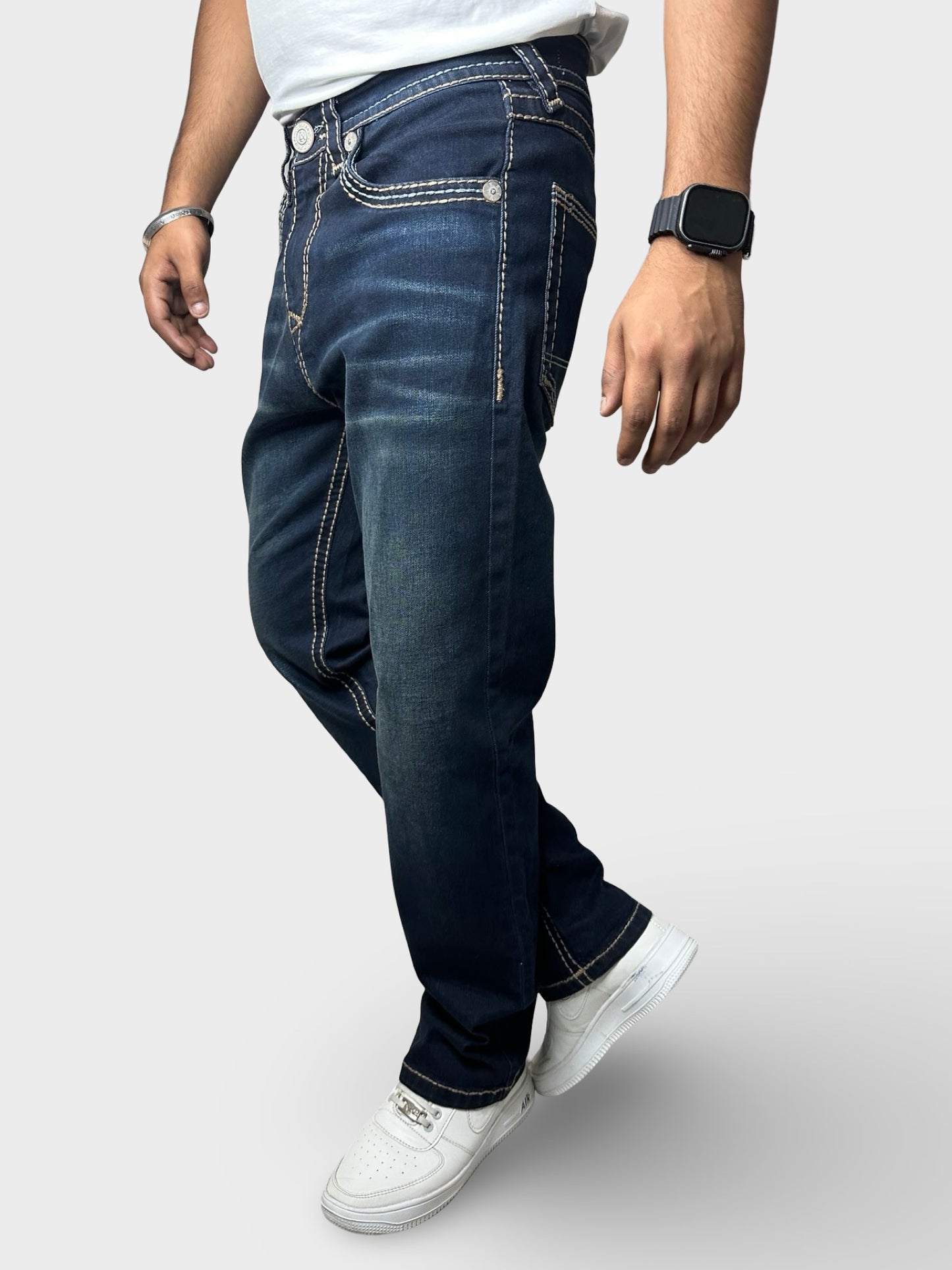 Men’s Comfort Fit Dark Blue Jeans with Premium Thread Work