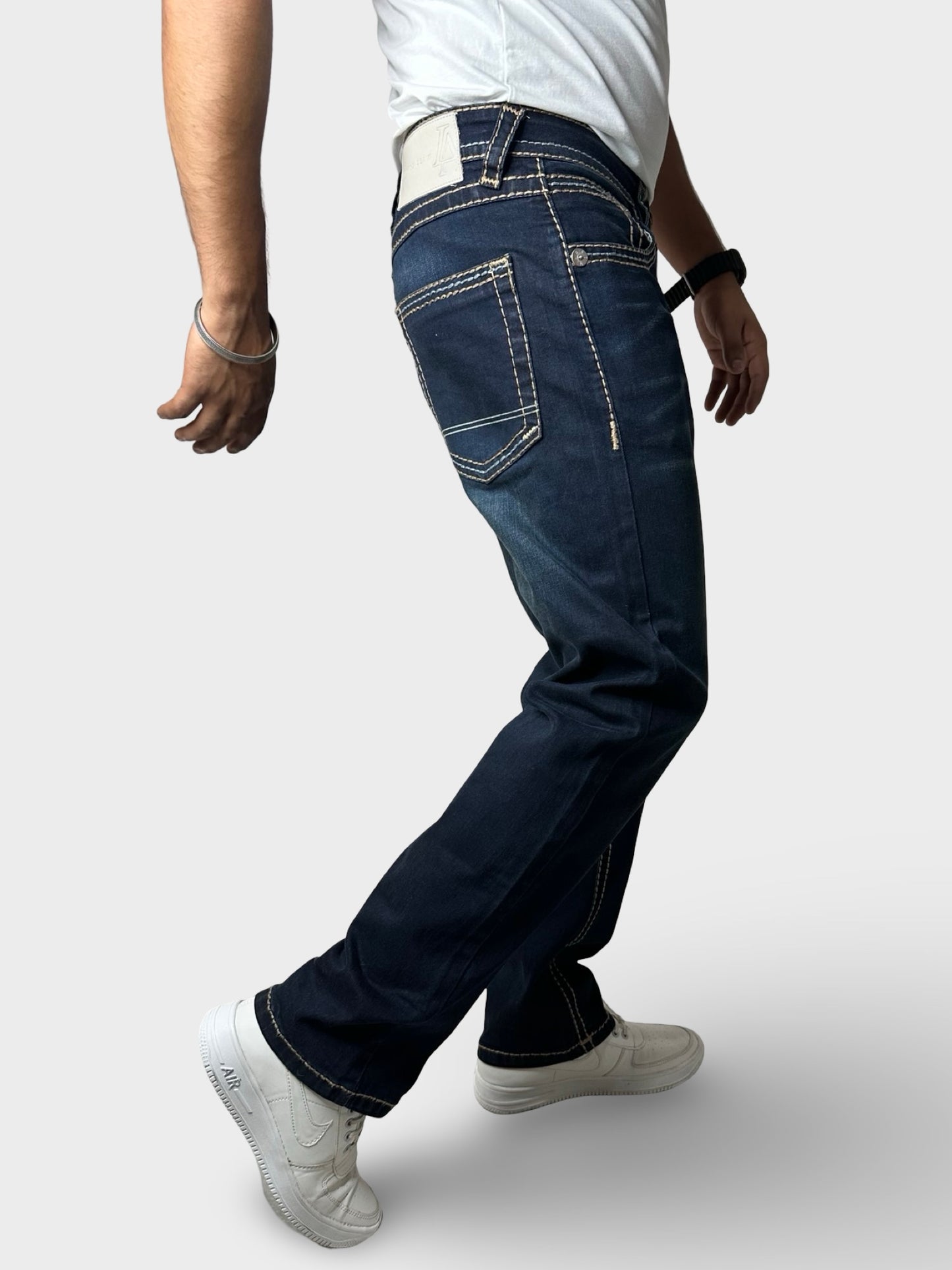 Men’s Comfort Fit Dark Blue Jeans with Premium Thread Work