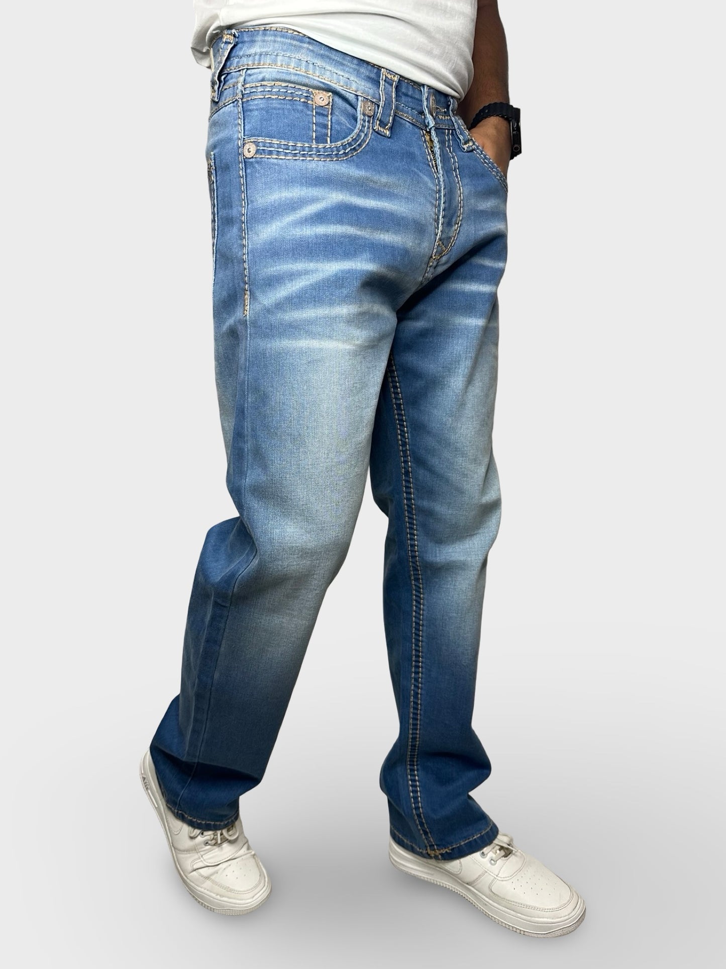 Men’s Comfort Fit Dark Blue Jeans with Premium Thread Work