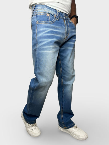 Men’s Comfort Fit Dark Blue Jeans with Premium Thread Work