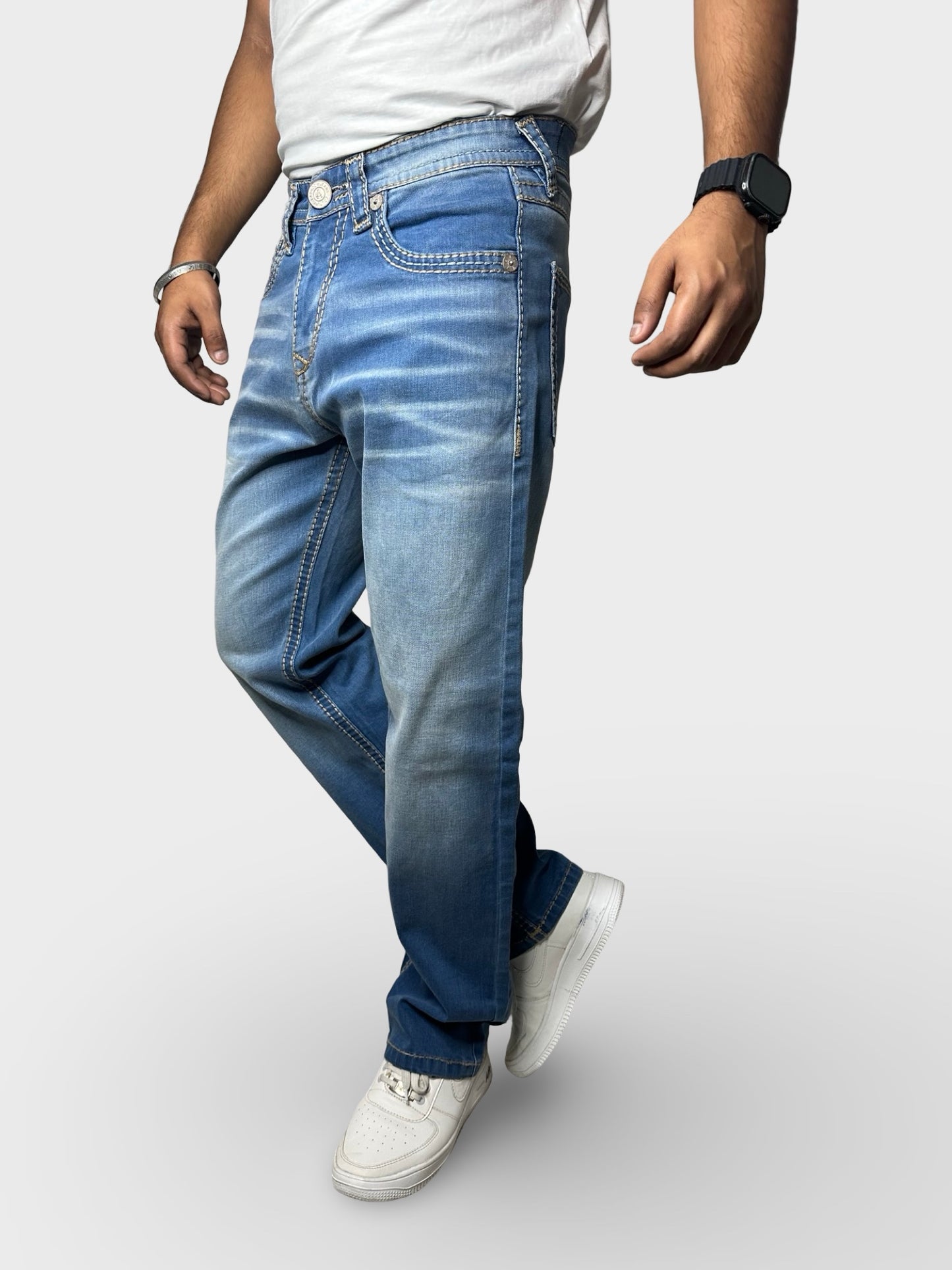 Men’s Comfort Fit Dark Blue Jeans with Premium Thread Work