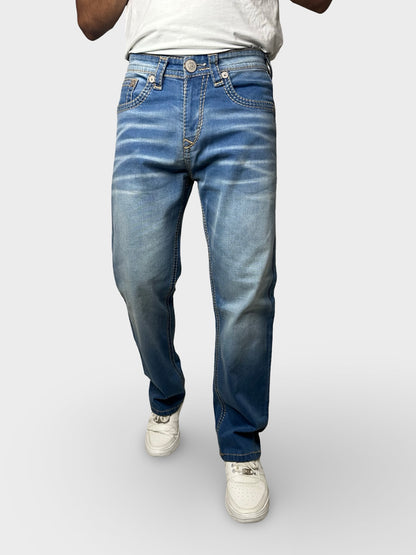 Men’s Comfort Fit Dark Blue Jeans with Premium Thread Work
