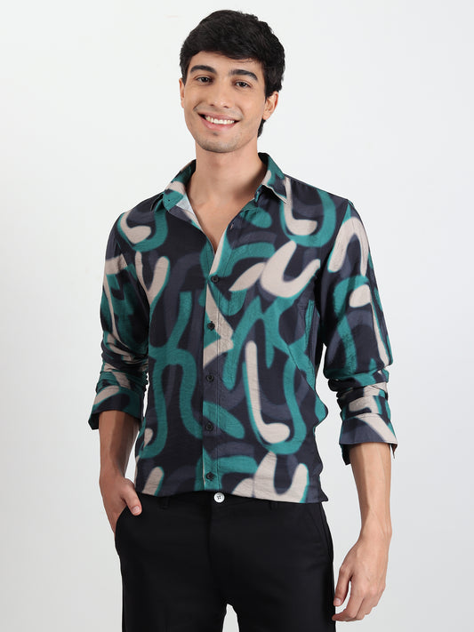 GREEN ABSTRACT SLIM FIT SHIRT