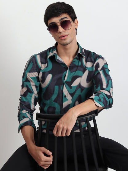 GREEN ABSTRACT SLIM FIT SHIRT