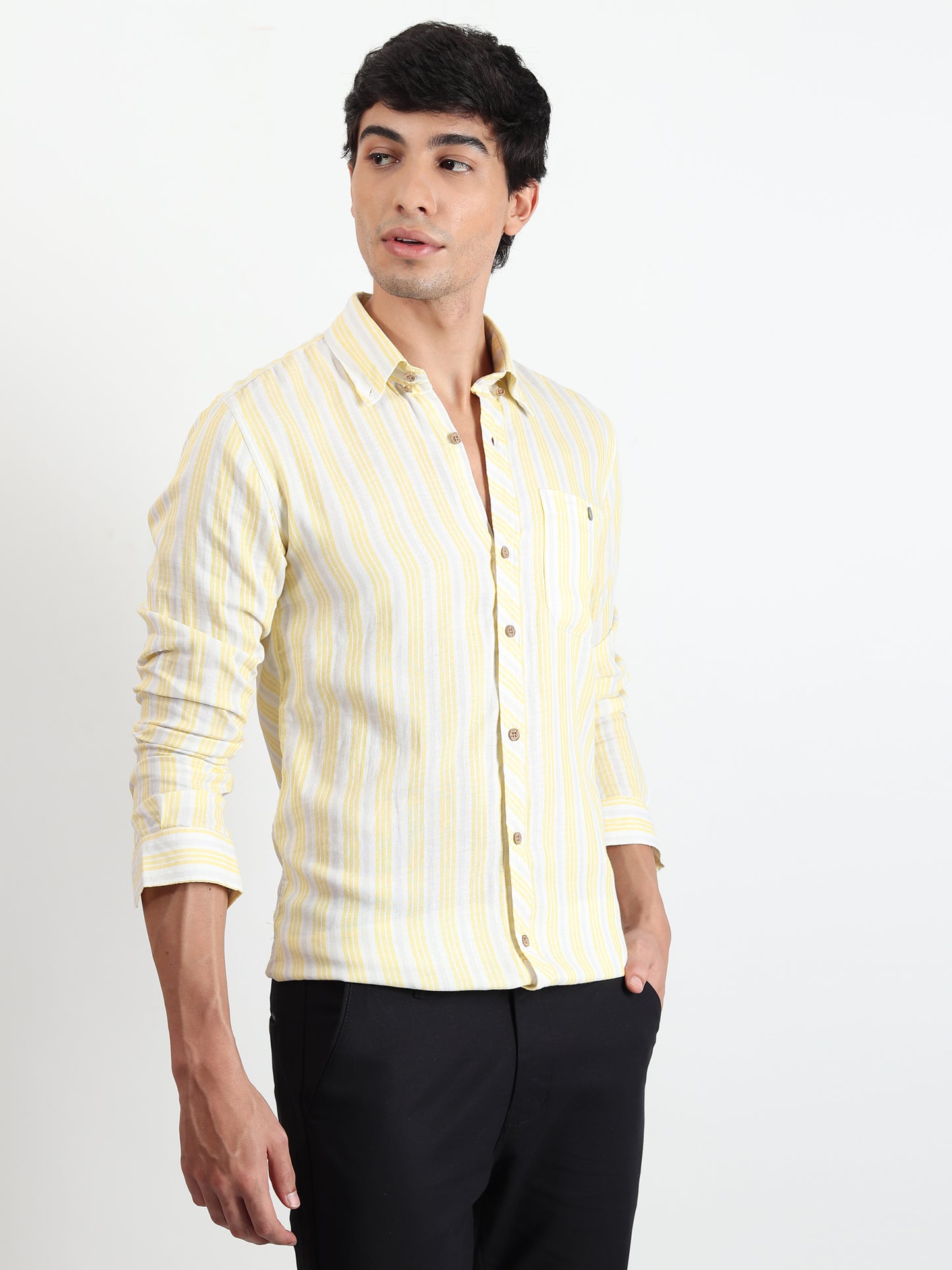 YELLOW STRIPES LINEN SLIM FIT SHIRT