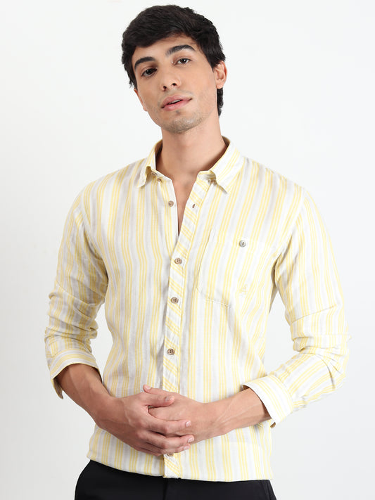 YELLOW STRIPES LINEN SLIM FIT SHIRT