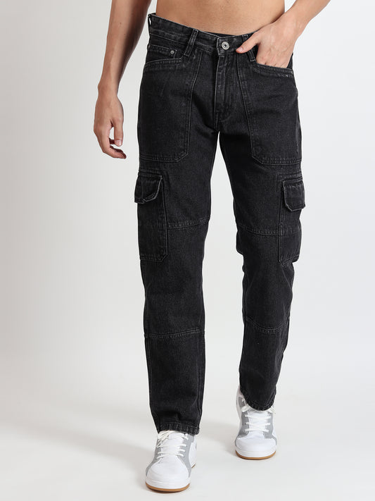 BLACK MILD WASH RELAXED FIT CARGO PANTS