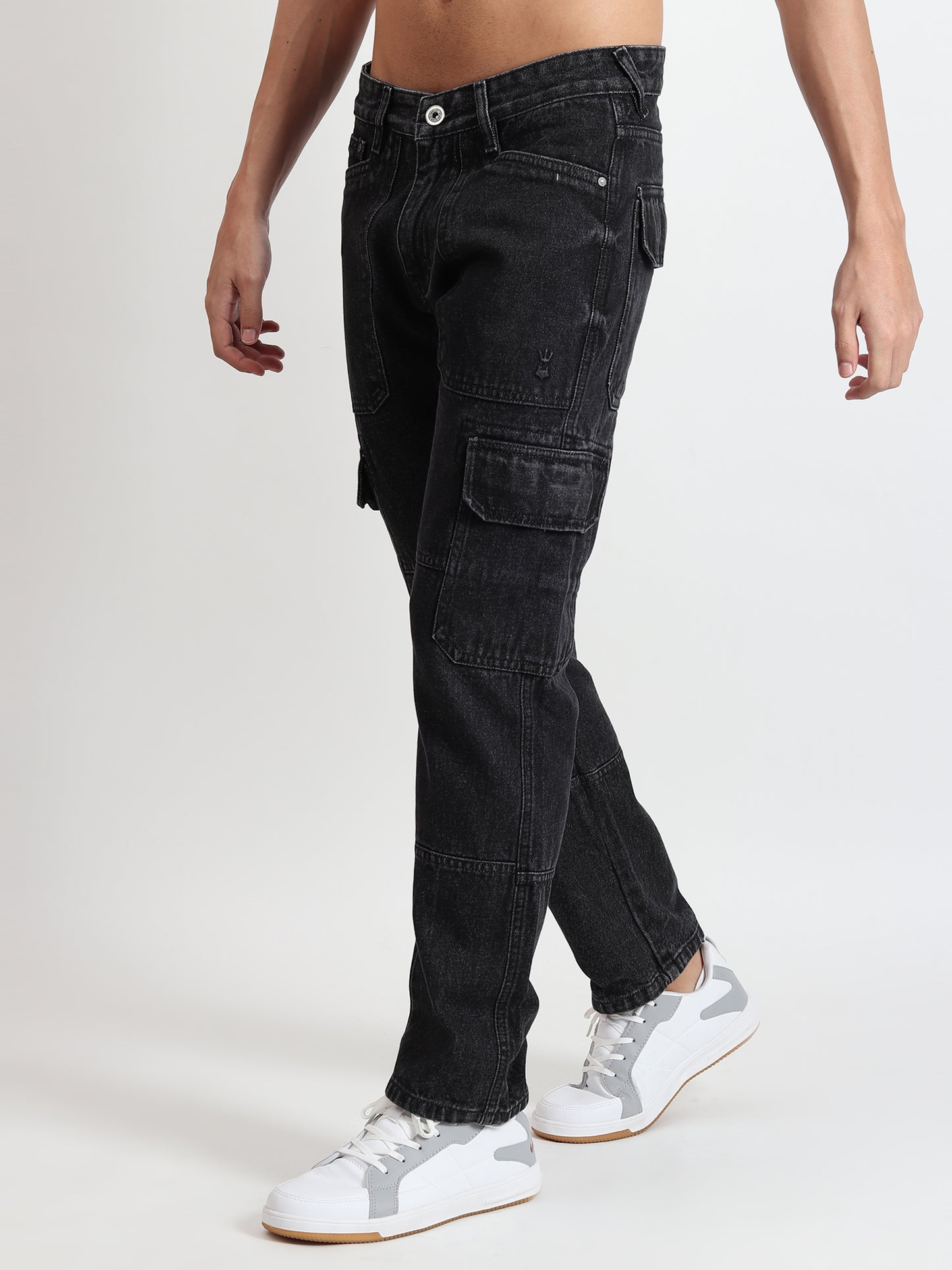 BLACK MILD WASH RELAXED FIT CARGO PANTS