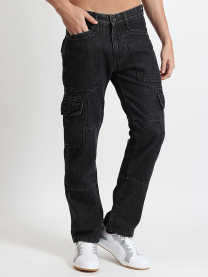 BLACK MILD WASH RELAXED FIT CARGO PANTS