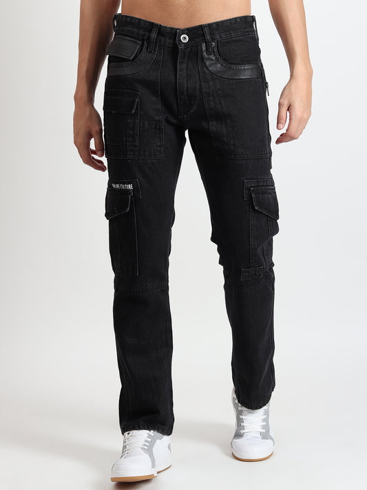 BLACK MILD WASH COMFORT FIT CARGO PANTS