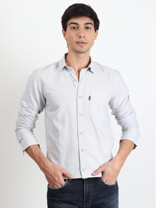 LIGHT GREY CHECKERED SLIM FIT SHIRT