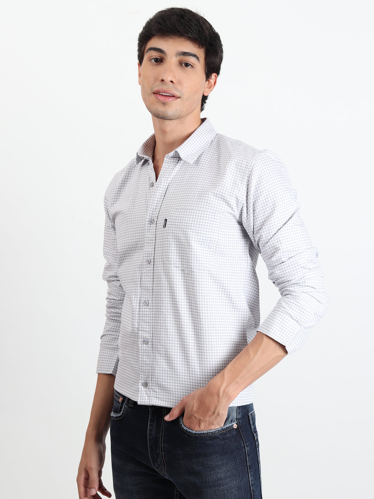 LIGHT GREY CHECKERED SLIM FIT SHIRT