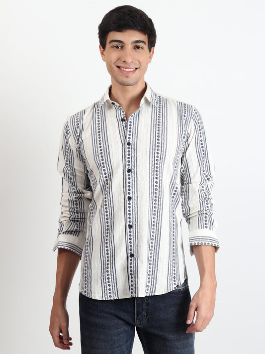 DARK BLUE TEXTURED STRIPES SLIM FIT SHIRT