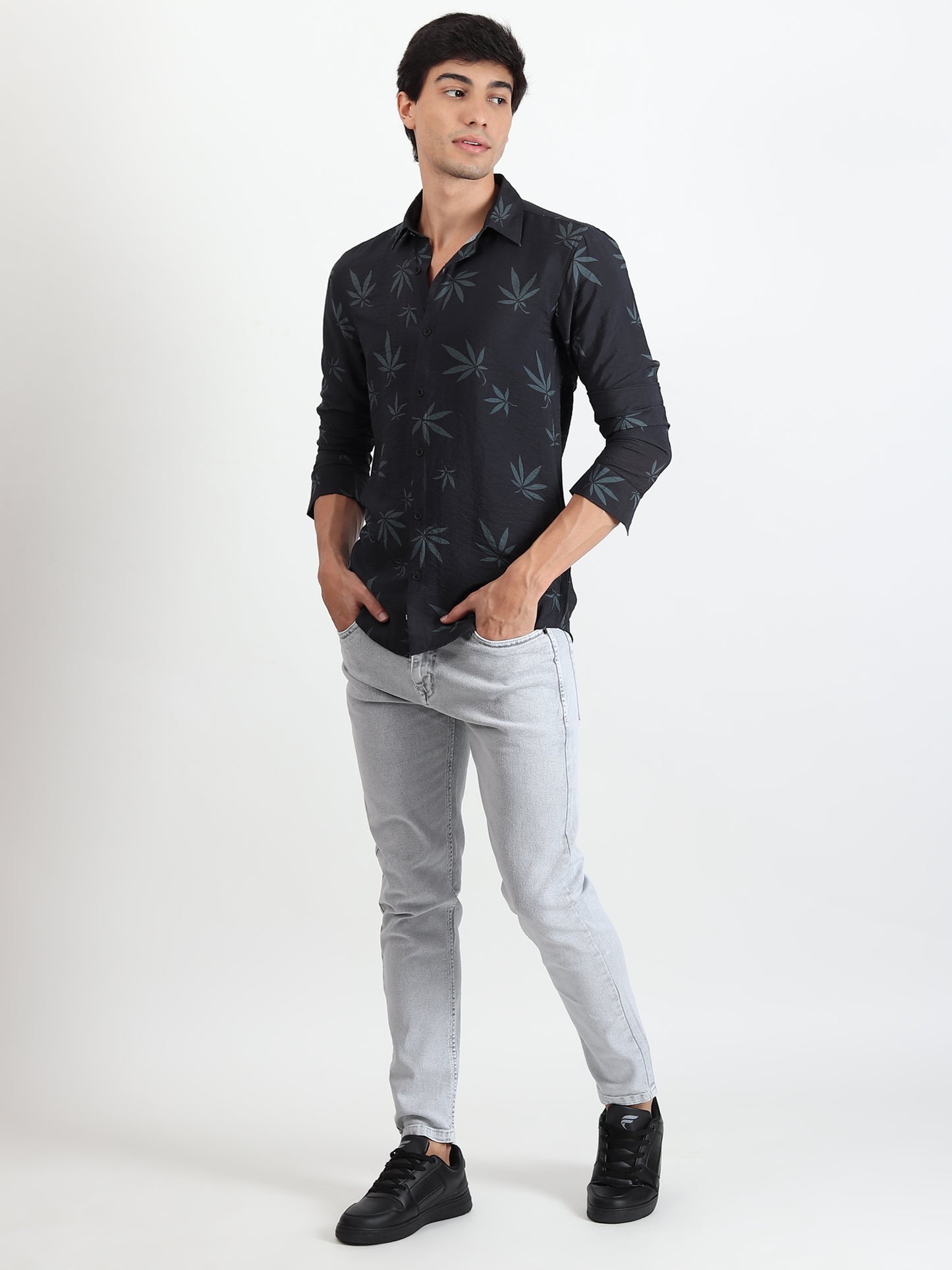 BLACK LEAF PRINTED SLIM FIT SHIRT