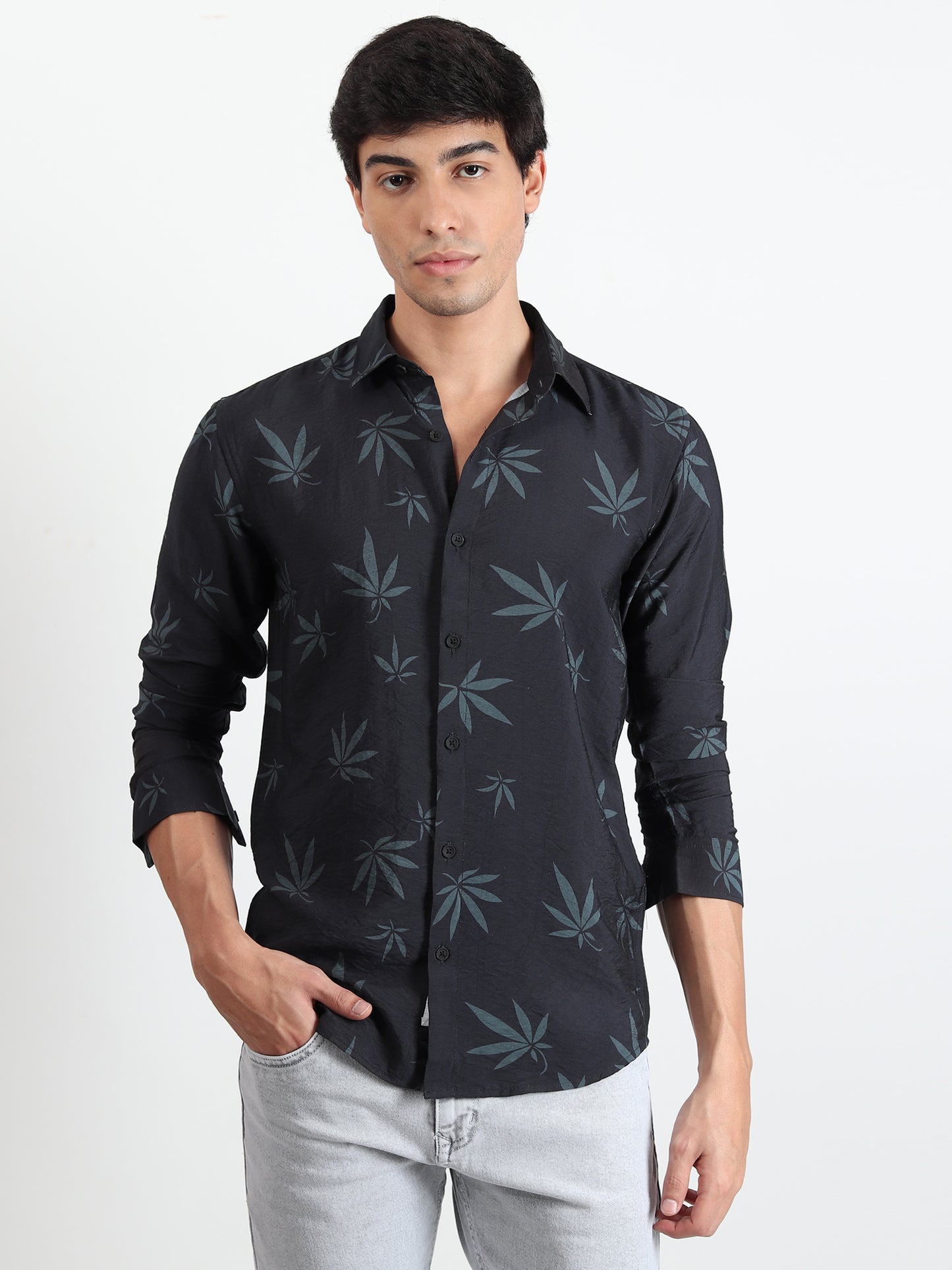 BLACK LEAF PRINTED SLIM FIT SHIRT