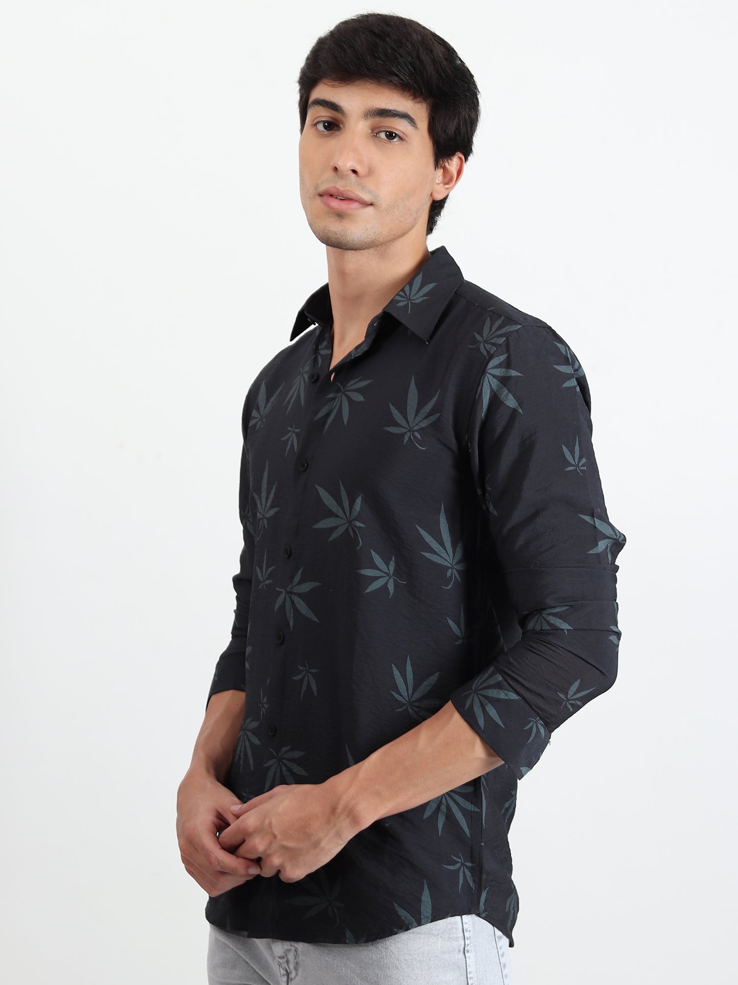 BLACK LEAF PRINTED SLIM FIT SHIRT