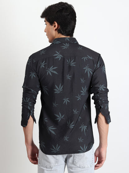 BLACK LEAF PRINTED SLIM FIT SHIRT