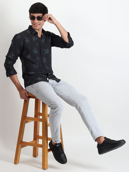 BLACK LEAF PRINTED SLIM FIT SHIRT