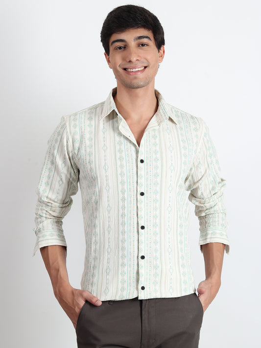 GREEN PRINTED TEXTURED SLIM FIT SHIRT