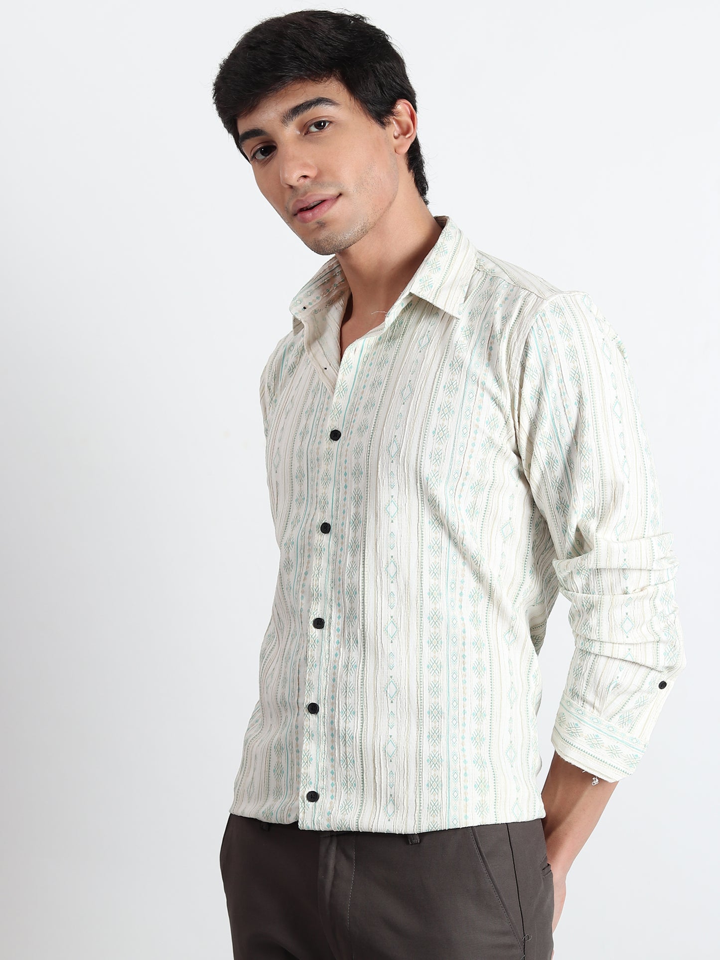 GREEN PRINTED TEXTURED SLIM FIT SHIRT