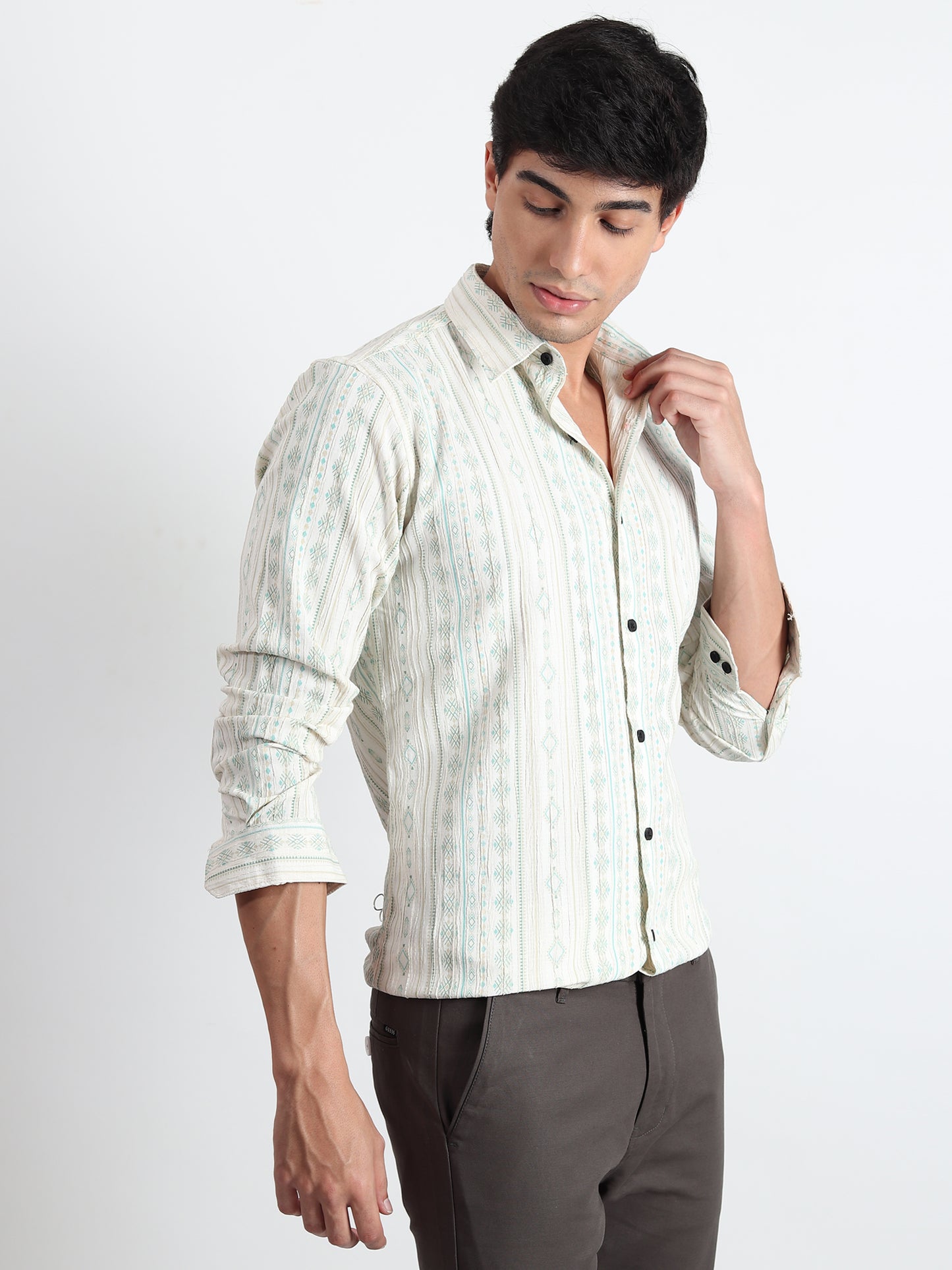 GREEN PRINTED TEXTURED SLIM FIT SHIRT