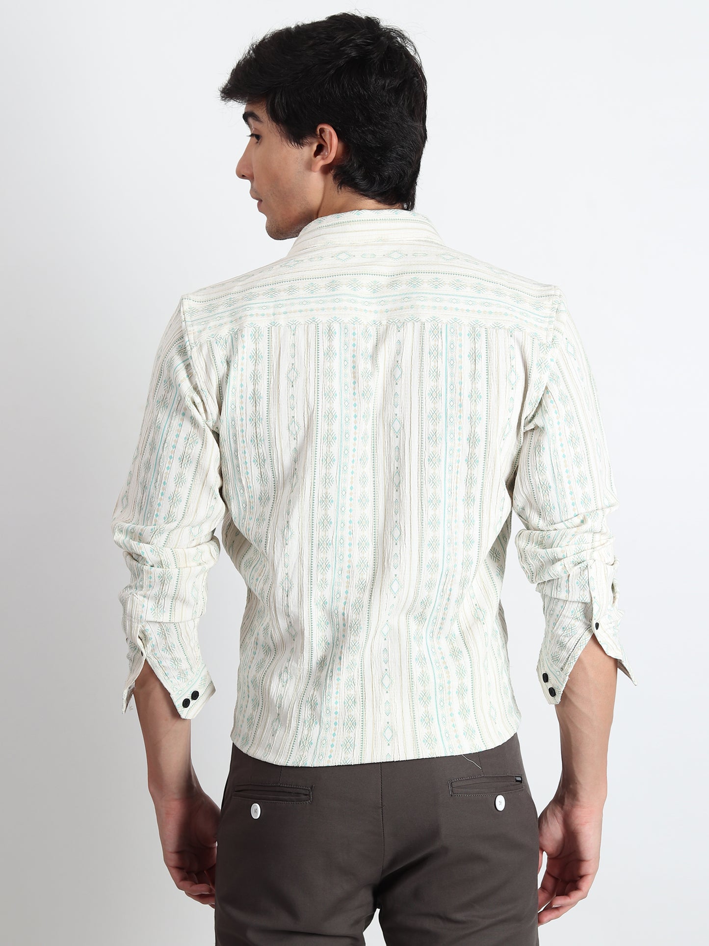 GREEN PRINTED TEXTURED SLIM FIT SHIRT