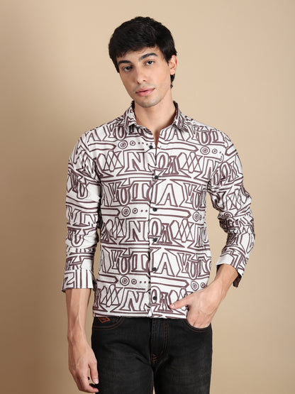 BROWN ALPHABET PRINTED SLIM FIT SHIRT