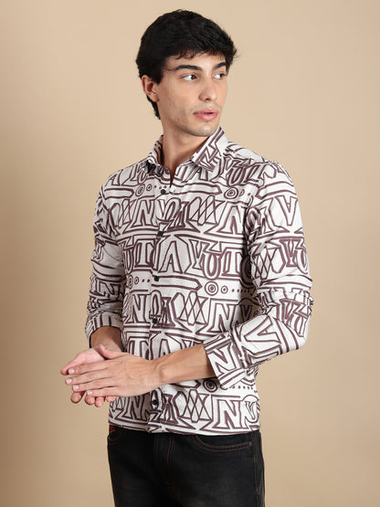 BROWN ALPHABET PRINTED SLIM FIT SHIRT