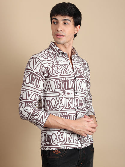 BROWN ALPHABET PRINTED SLIM FIT SHIRT