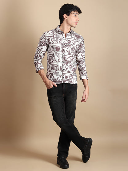 BROWN ALPHABET PRINTED SLIM FIT SHIRT