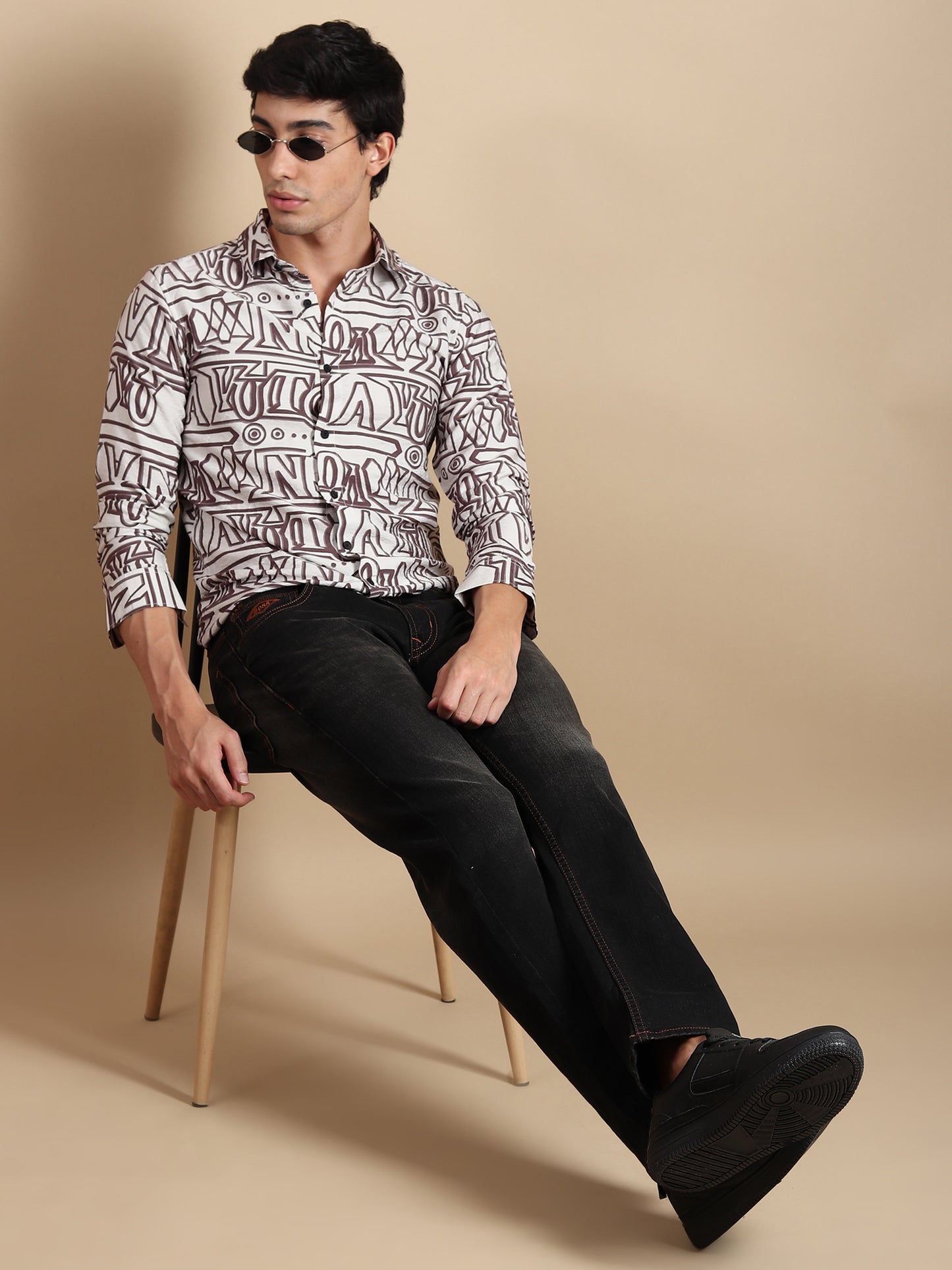 BROWN ALPHABET PRINTED SLIM FIT SHIRT