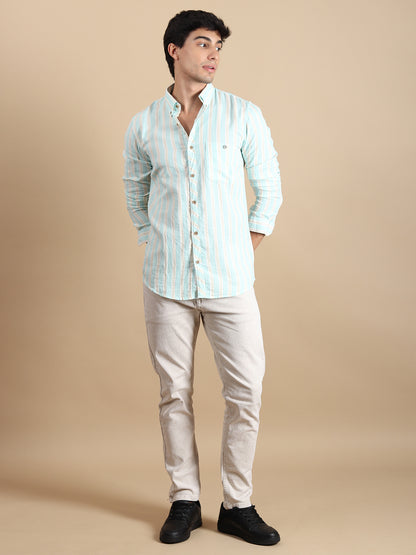 SEA GREEN STRIPES LINEN SLIM FIT SHIRT