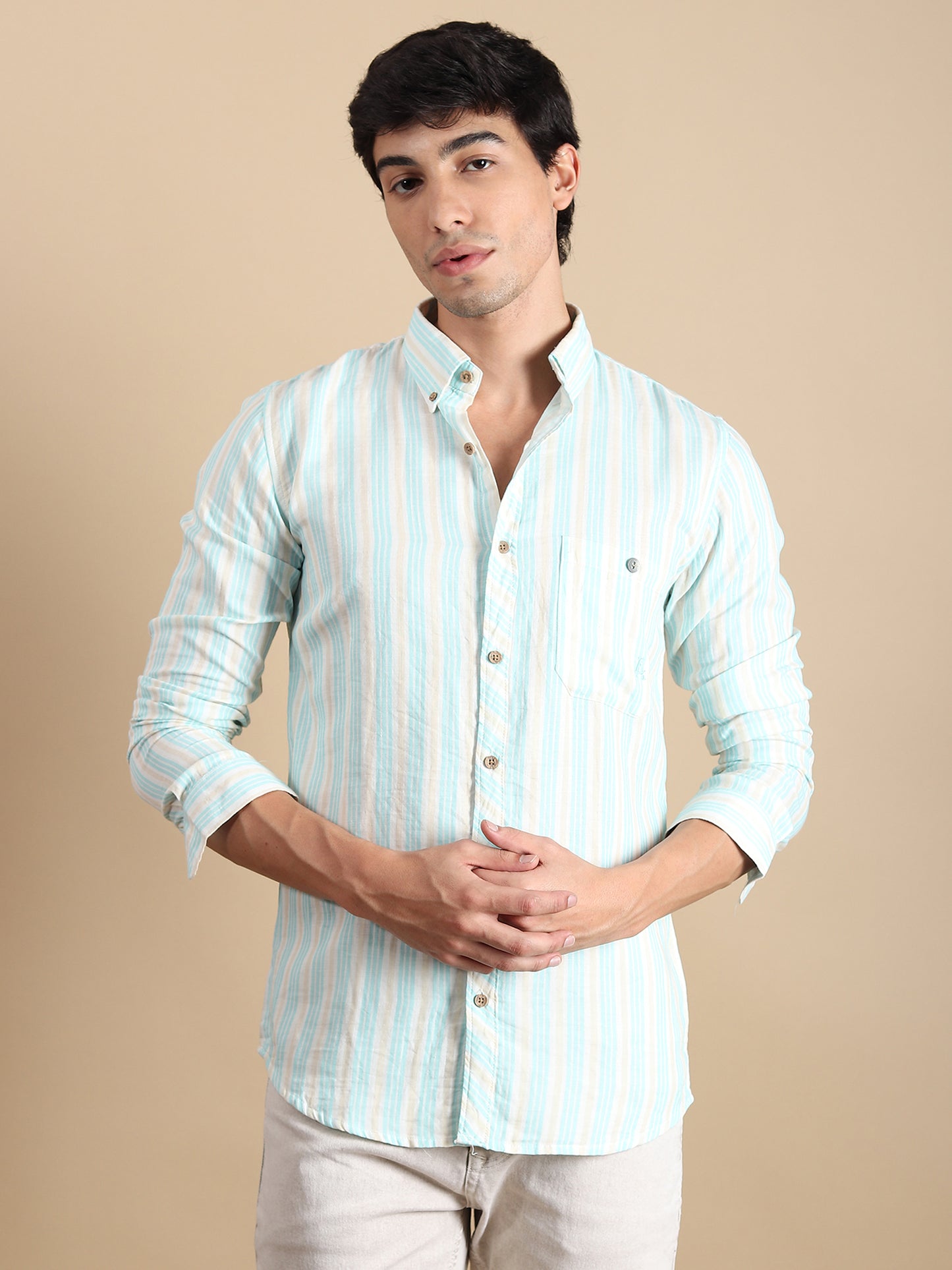 SEA GREEN STRIPES LINEN SLIM FIT SHIRT