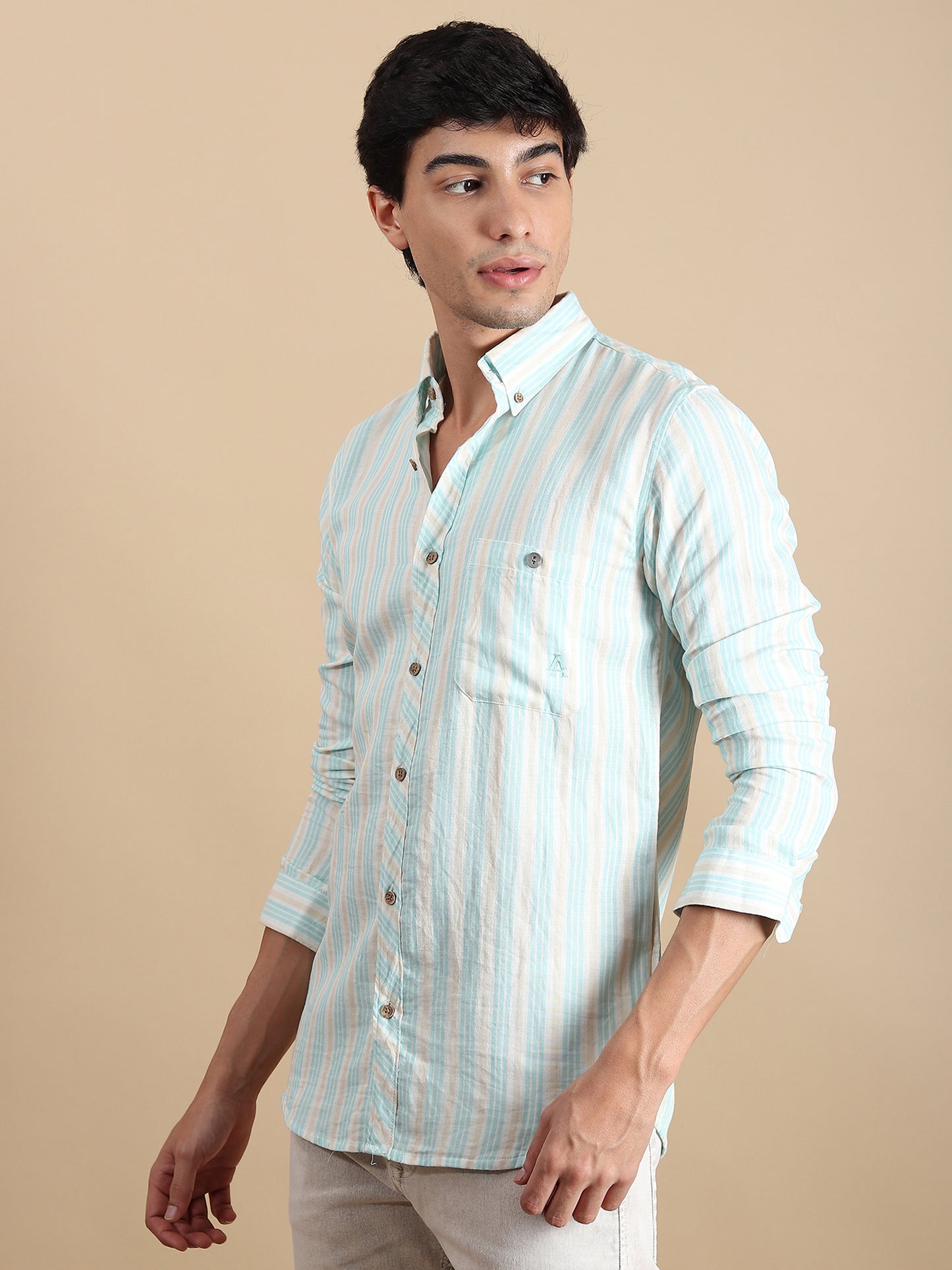 SEA GREEN STRIPES LINEN SLIM FIT SHIRT