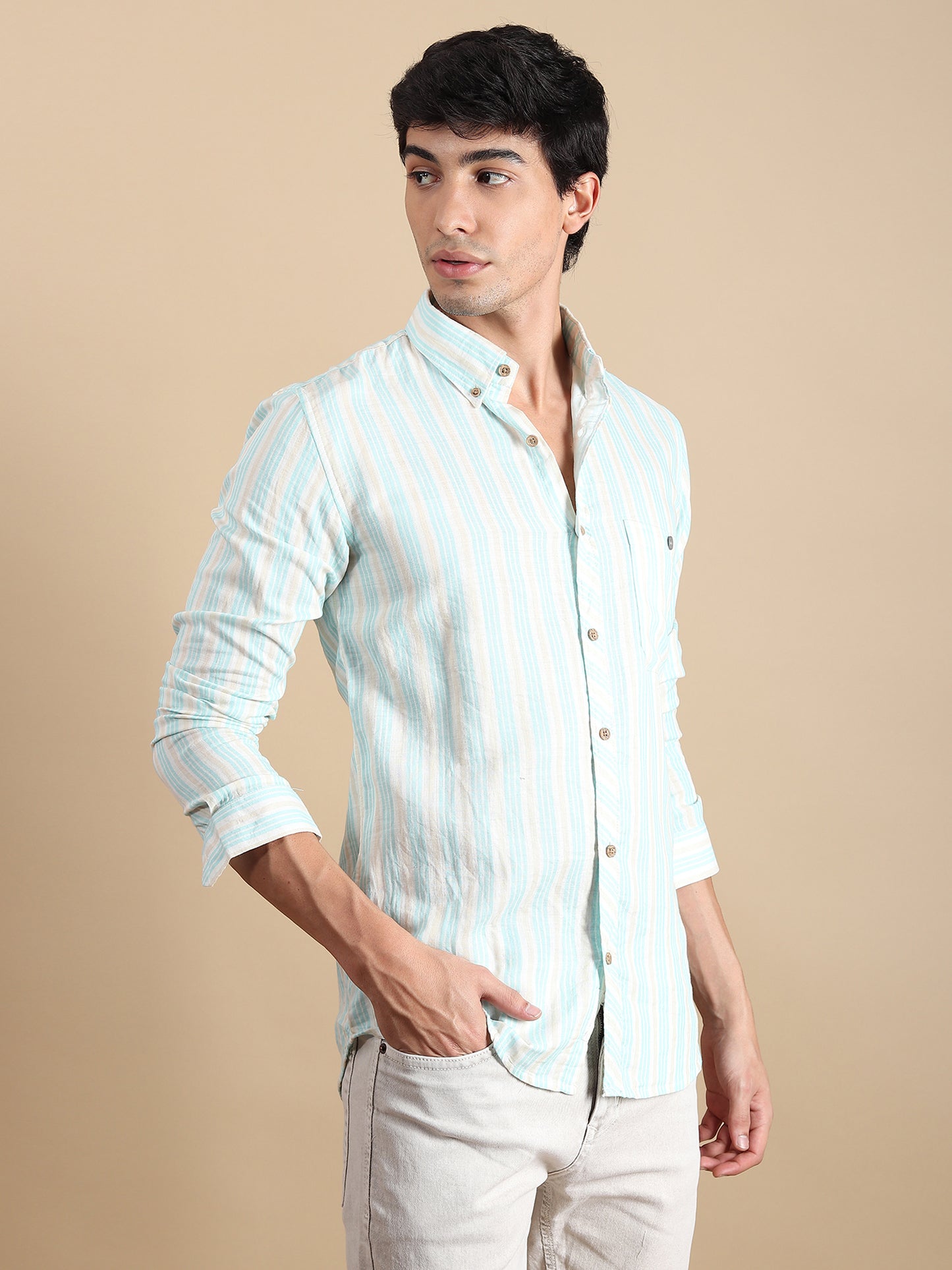 SEA GREEN STRIPES LINEN SLIM FIT SHIRT