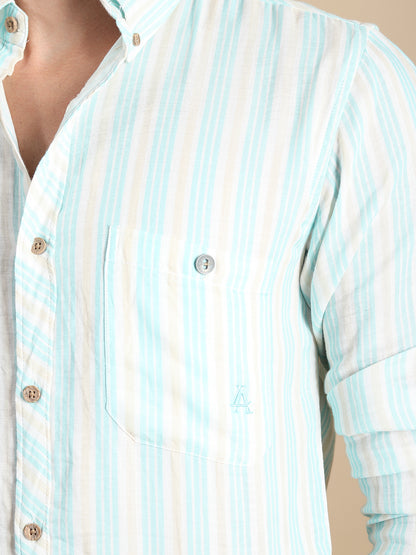 SEA GREEN STRIPES LINEN SLIM FIT SHIRT