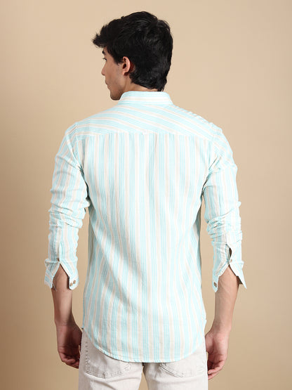 SEA GREEN STRIPES LINEN SLIM FIT SHIRT