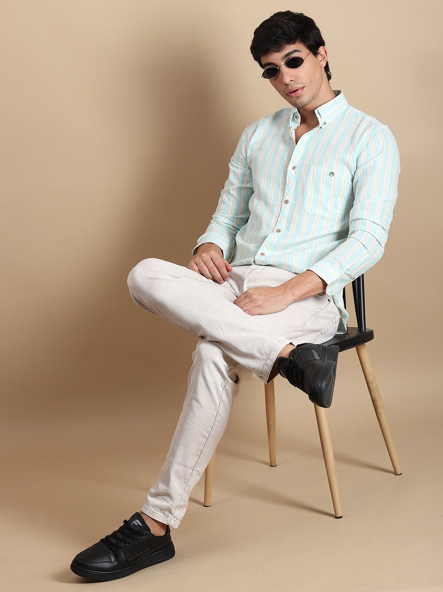 SEA GREEN STRIPES LINEN SLIM FIT SHIRT