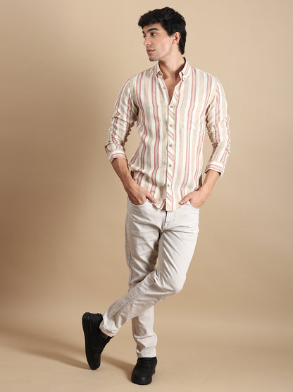 BEIGE STRIPES LINEN SLIM FIT SHIRT