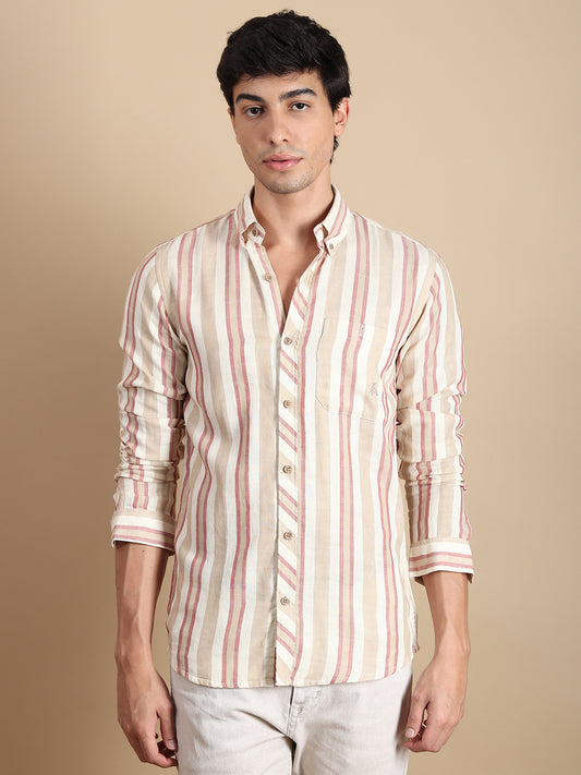 BEIGE STRIPES LINEN SLIM FIT SHIRT