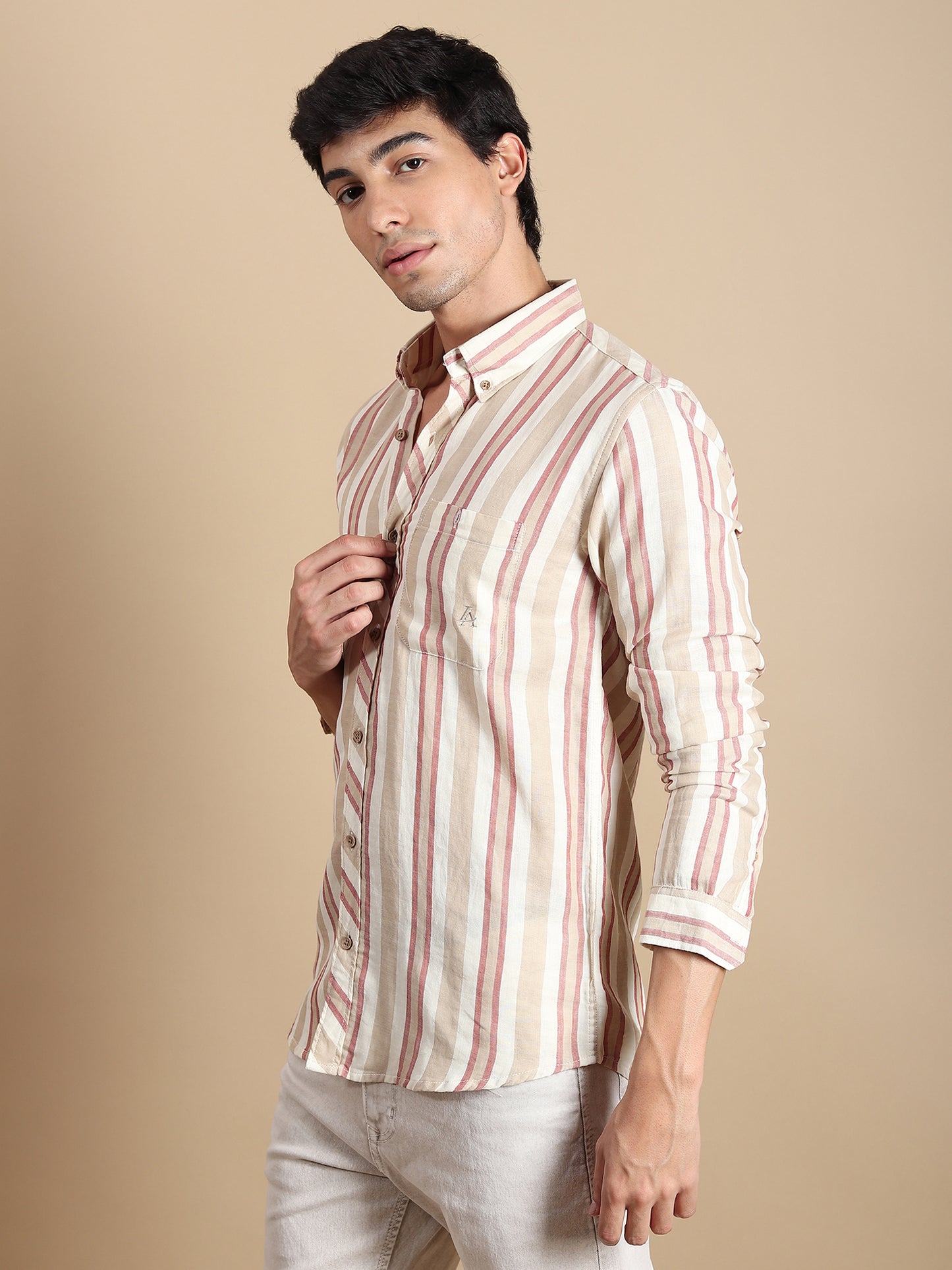 BEIGE STRIPES LINEN SLIM FIT SHIRT