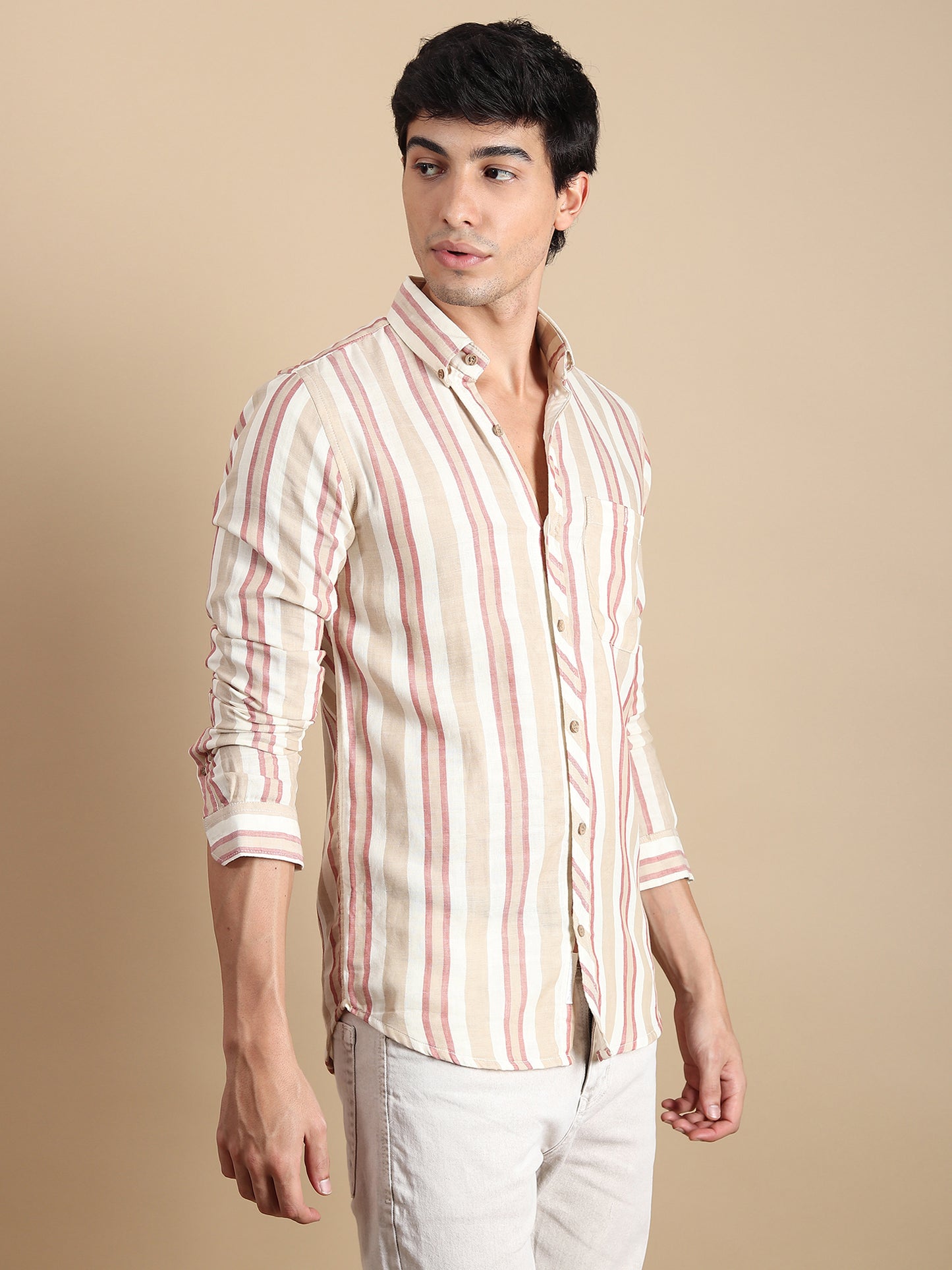 BEIGE STRIPES LINEN SLIM FIT SHIRT