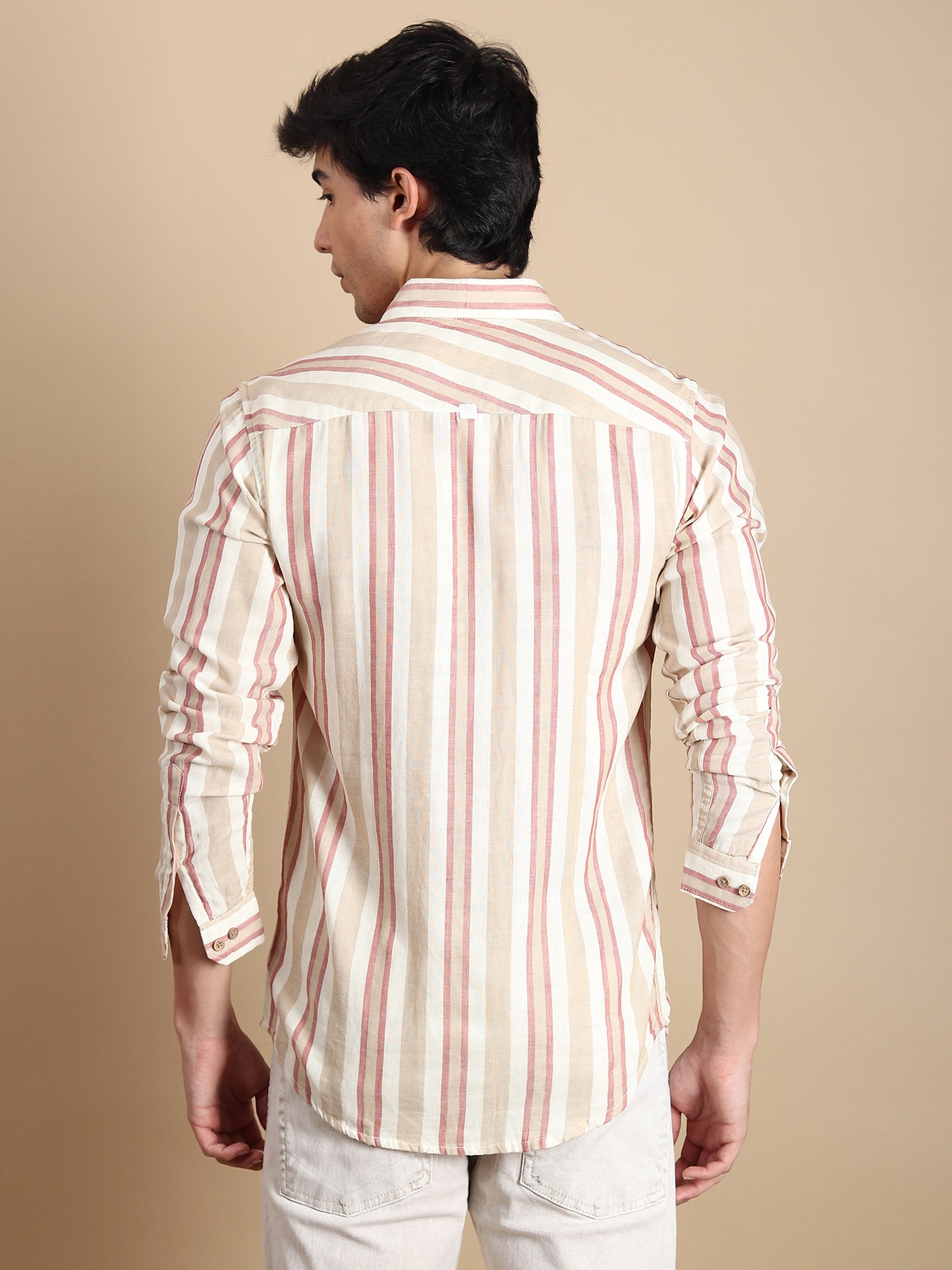 BEIGE STRIPES LINEN SLIM FIT SHIRT